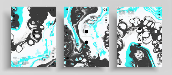 Abstract liquid poster, fluid art vector texture pack. Artistic background that applicable for design cover, poster, brochure and etc. Gray, aquamarine and white creative iridescent artwork.