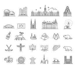Travel Canada traditional objects. Vector line collection