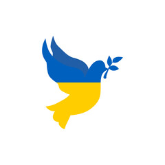 Flying dove in the colors of the national flag of Ukraine holds laurel branch. Peace symbol, no war concept. Vector illustration.