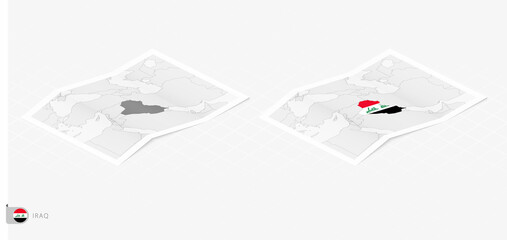Set of two realistic map of Iraq with shadow. The flag and map of Iraq in isometric style.