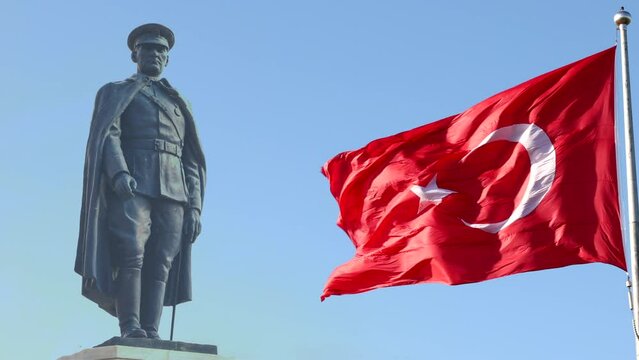 Turkish Flag and Ataturk Monument. National days of Turkey background 4K video. April 23 or 23 nisan, May 19 or 19 mayis, august 30 or 30 agustos, october 29 or 29 ekim bayrami video.