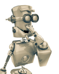 funny robot cartoon is thinking about in a white background close up