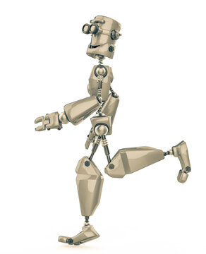 funny robot cartoon jogging in front in a white background