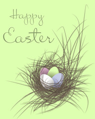 Happy Easter card with a nest full of eggs.