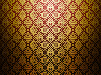 Damask-style Thai art pattern background. Luxurious golden diamond-shaped square. Vector illustration.