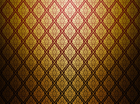 Damask-style Thai art pattern background. Luxurious golden diamond-shaped square. Vector illustration.