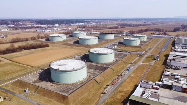 Aerial view of filled fuel reservoir tanks in Austria, Europe.