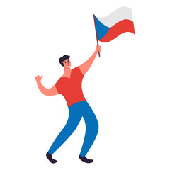 Czech Republic flag waving man.Joyful guy hand holding Czech flag.Character cartoon vector flat illustration. Isolated on white background.