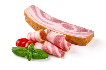 Bacon slices, pork brisket, isolated on white background.