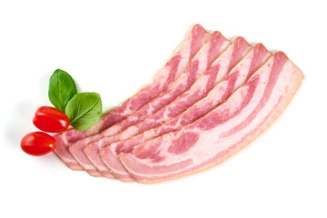 Bacon slices, pork brisket, isolated on white background.