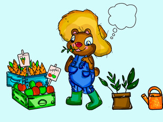 A funny gopher farmer offers his harvest. he grew apples and carrots.The farmer is dressed in a yellow hat, blue overalls, and green boots. The picture is done in bright colors