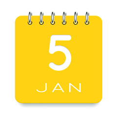 5 day of the month. January. Cute yellow calendar daily icon. Date day week Sunday, Monday, Tuesday, Wednesday, Thursday, Friday, Saturday. Cut paper. White background. Vector illustration.