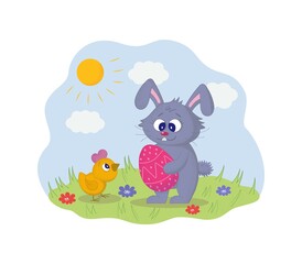 Easter bunny, chicken and Easter egg.