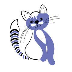 A cute funny cat is sitting, painted in the color of Veri Peri. Kitten in lilac, black and white colors. Doodle style vector illustration isolated on white background