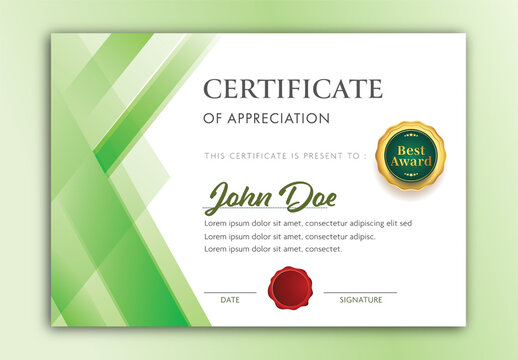 Appreciation Certificate Best Award Layout in White and Green Color