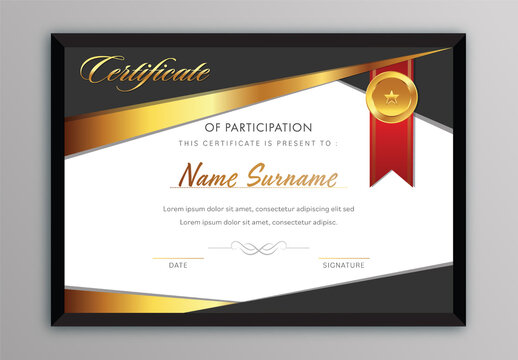 Participation Certificate Layout In White And Black Color With Golden Round Badge Ribbon