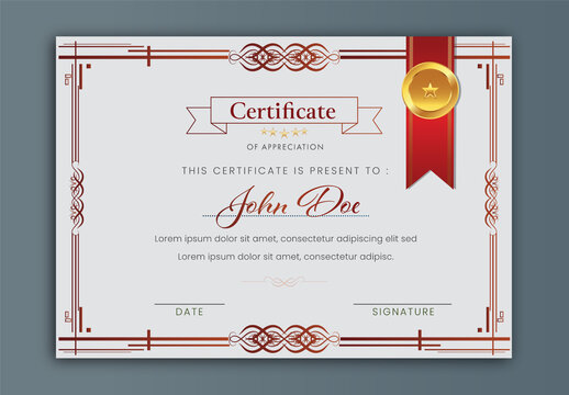 Appreciation Certificate Layout in Grey Color with Golden Badge Ribbon