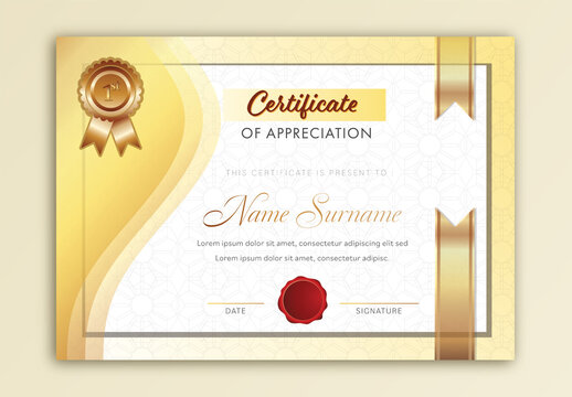 Appreciation Certificate Layout in White and Golden Color with Bronze Badge