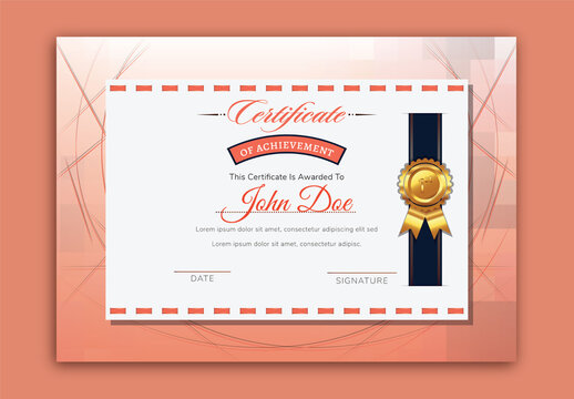 Abstract Achievement Certificate Layout in White and Peach Color with Golden Badge