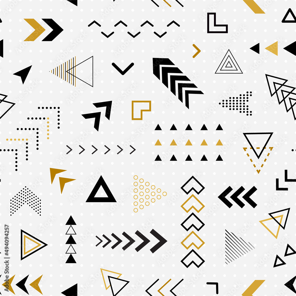 Poster abstract geometric seamless pattern. design gold arrow for youthful prints. graphic school shapes. r