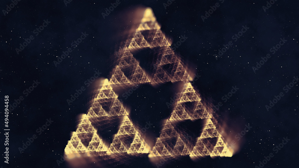 Wall mural Sierpinski triangle fractal flame in space. Mathematics self similar recursive concept. An abstract 3D rendering background.