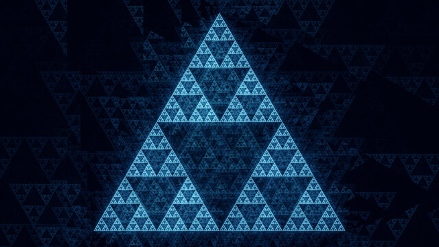 Sierpinski triangle fractal in green and blue. Mathematics self similar recursive concept. An abstract 3D rendering background.