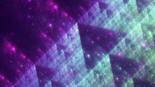 Sierpinski triangle fractal explosion in space. Mathematics self similar recursive concept. An abstract 3D rendering background.