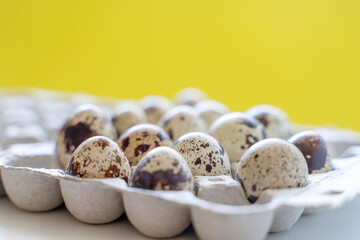 Spotted quail eggs in an egg box on a yellow background, natural eco friendly products.