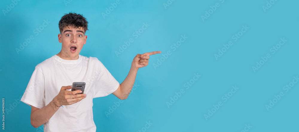 Sticker isolated young teenager with mobile phone and surprised expression