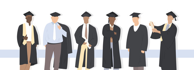 A group of young joyful male students. Graduation. Young men in academic caps. Vector