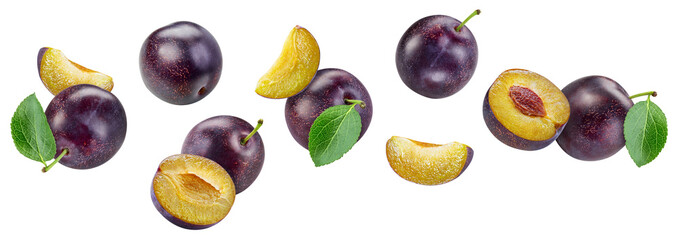 Plum with leaf isolated on white background