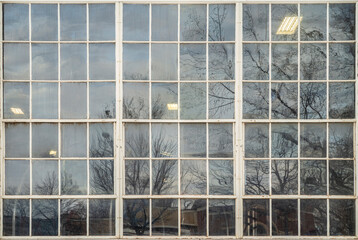 external view of a large industrial sash window panel with reflections of trees and building and lights visible inside - obrazy, fototapety, plakaty