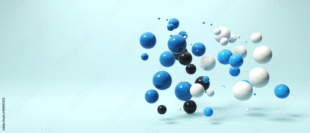 Poster scattered floating colored spheres on a vibrant background - 3d render