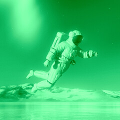 Fototapeta na wymiar astronaut in another planet is floating in the air on the ice lake in square view