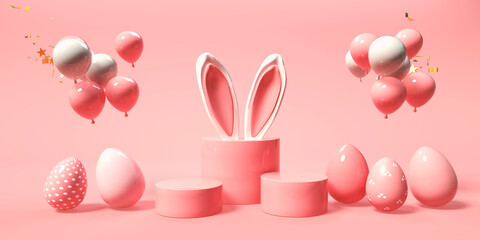 Easter holiday theme with decorations and rabbit ears - 3d render