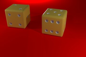 3d rendering two yellow dice on red background