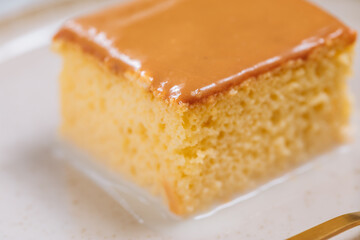 Dessert Called Tres Leches, traditional Albanian dessert made from biscuit, milk and caramel sauce. Served on bright background with golden spoon