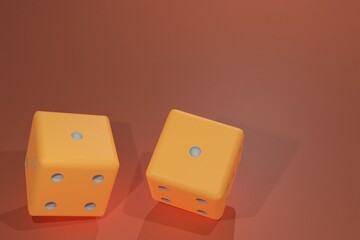 3d illustration. 3d rendered two yellow dice on red background