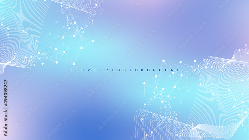 Leinwandbilder Digits abstract background with connected line and dots, wave flow. Digital neural networks. Network and connection background for your presentation. Graphic polygonal background. Vector illustration.