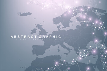 Global network connection concept in the Europe. Europe social network communication in the global business. Big data visualization. Internet technology. Vector illustration