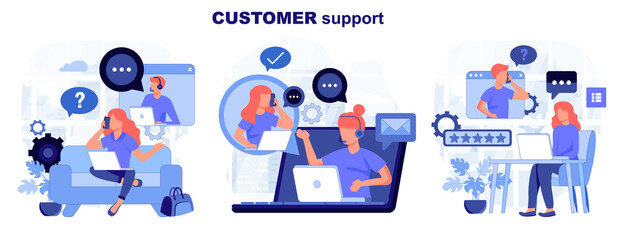 Customer service isolated set in flat design. Collection of scenes. People advice and support, operator call center. Vector illustration for blogging, website, mobile app, promotional materials.