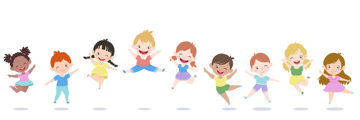 Happy cute kids jump on a ground. Boy and girl children in a world vector illustration set.
