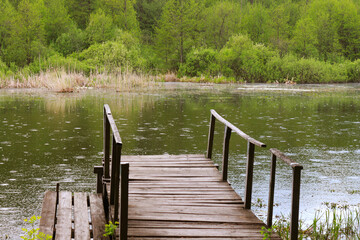 Wooden bridge near the forest river