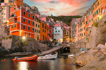 Panoramic view of Riomaggiore colorful village, Cinque Terre, Italy