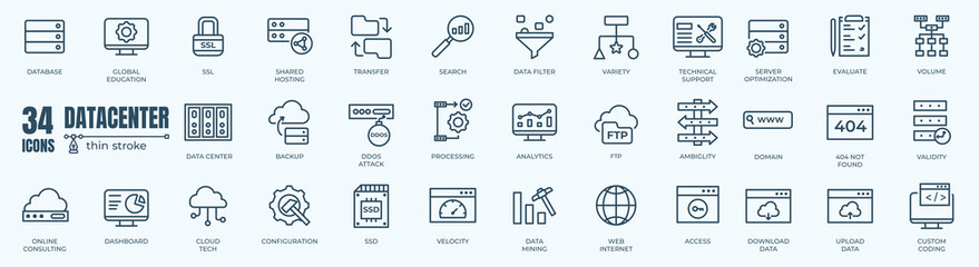 Data center icons set. Outline set of data center vector icons for web design isolated on white background - obrazy, fototapety, plakaty
