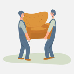 Professional movers moving armchair. Loader carry new furniture. Men workers holding chair. Males in uniform from delivery and relocation service. Flat raster illustration isolated on white background