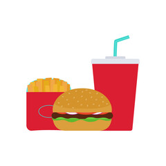 Fast food. Hamburger, french fries and drink. Isolated on white background. Vector illustration.
