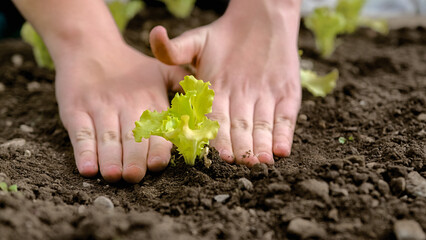 Child hands planting a lettuce seedling on earth day, handheld close-up shot. - obrazy, fototapety, plakaty