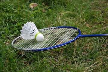 Badminton racket with white wave. On the green grass lies a badminton racket with a white net. On...