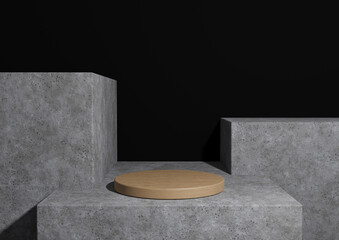 Black, dark gray, black and white 3D rendering of a minimal,  wooden simple product display podium or stand on rough concrete geometric background